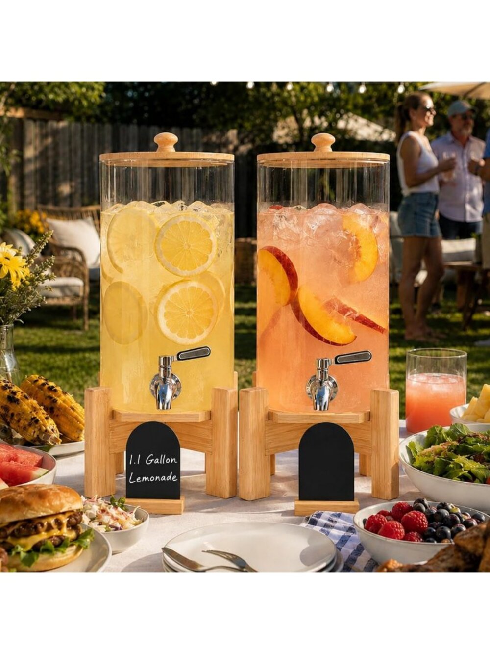 Set of 2 Glass Drink Dispensers with Wood Stand - Perfect for Parties & Events